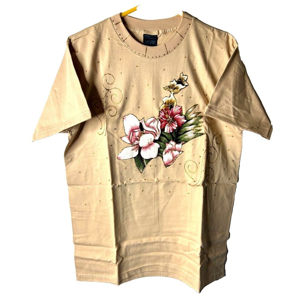York Floral T-Shirt Womens Medium Pink Roses w/ Gold Thread Embroidery Feminine